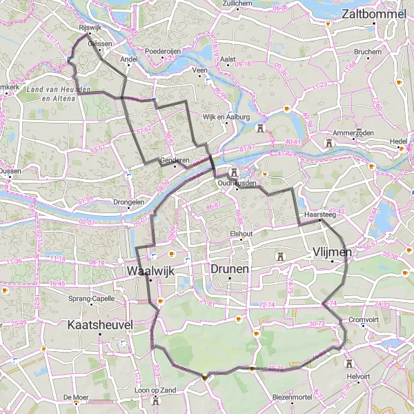 Map miniature of "Dutch Gem: Uitwijk to Genderen" cycling inspiration in Noord-Brabant, Netherlands. Generated by Tarmacs.app cycling route planner