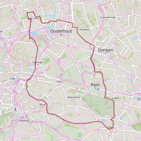 Map miniature of "Teteringen and Oosteind Gravel Exploration" cycling inspiration in Noord-Brabant, Netherlands. Generated by Tarmacs.app cycling route planner