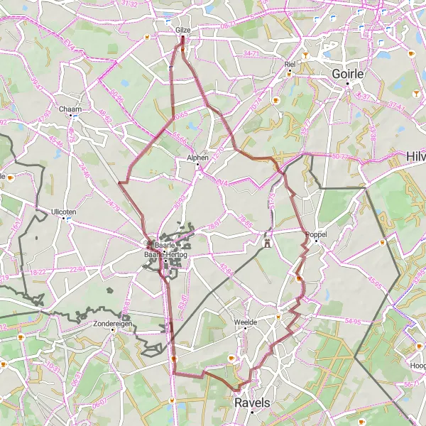 Map miniature of "Alphen-Oosterwijk and Poppel Gravel Adventure" cycling inspiration in Noord-Brabant, Netherlands. Generated by Tarmacs.app cycling route planner