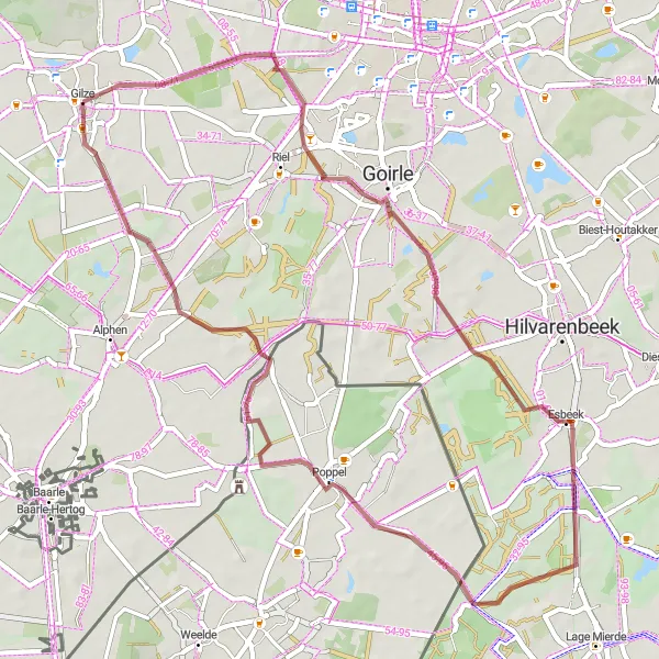 Map miniature of "Gilze to Poppel Gravel Challenge" cycling inspiration in Noord-Brabant, Netherlands. Generated by Tarmacs.app cycling route planner