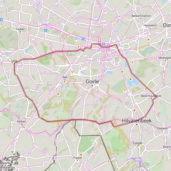 Map miniature of "Gilze and Alphen-Oosterwijk Gravel Loop" cycling inspiration in Noord-Brabant, Netherlands. Generated by Tarmacs.app cycling route planner