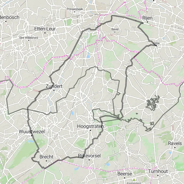 Map miniature of "Rural Beauty to Dorst" cycling inspiration in Noord-Brabant, Netherlands. Generated by Tarmacs.app cycling route planner