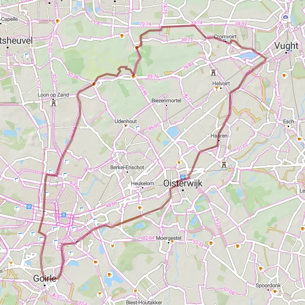 Map miniature of "The Tranquil Gravel Loop" cycling inspiration in Noord-Brabant, Netherlands. Generated by Tarmacs.app cycling route planner