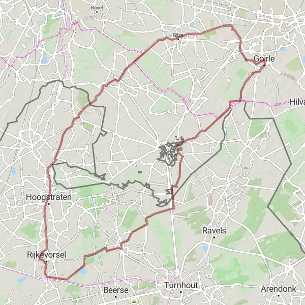 Map miniature of "Cycling through Merksplas and Hoogstraten" cycling inspiration in Noord-Brabant, Netherlands. Generated by Tarmacs.app cycling route planner