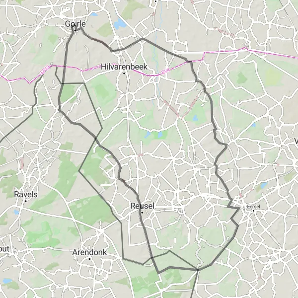 Map miniature of "Exploring Middelbeers and Reusel" cycling inspiration in Noord-Brabant, Netherlands. Generated by Tarmacs.app cycling route planner