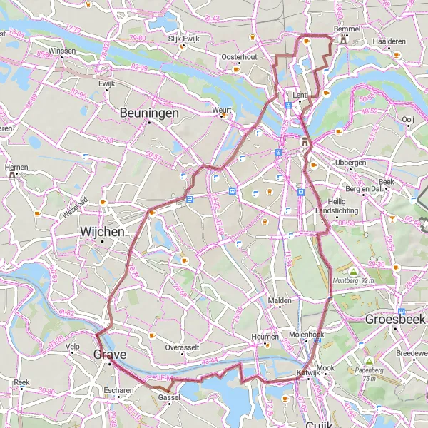 Miniatuurkaart van de fietsinspiratie "Grave naar Mookerschans Gravelroute" in Noord-Brabant, Netherlands. Gemaakt door de Tarmacs.app fietsrouteplanner