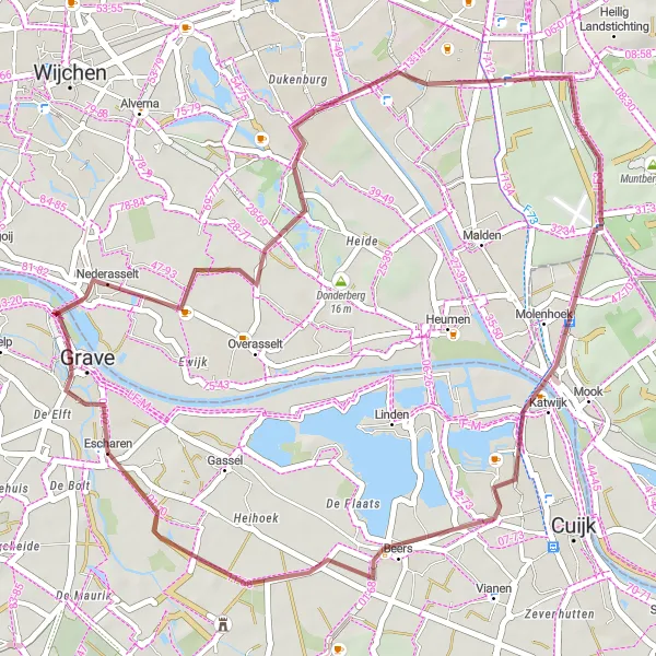Map miniature of "Grave to Beers via Nederasselt and Mookerschans" cycling inspiration in Noord-Brabant, Netherlands. Generated by Tarmacs.app cycling route planner