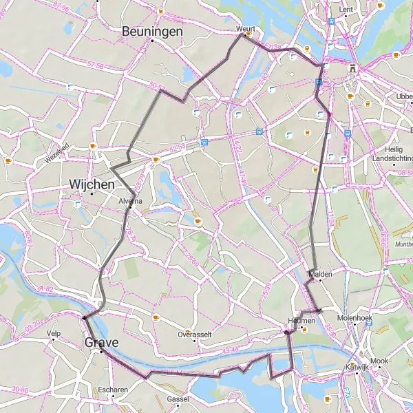 Miniatuurkaart van de fietsinspiratie "Historische route rond Grave" in Noord-Brabant, Netherlands. Gemaakt door de Tarmacs.app fietsrouteplanner