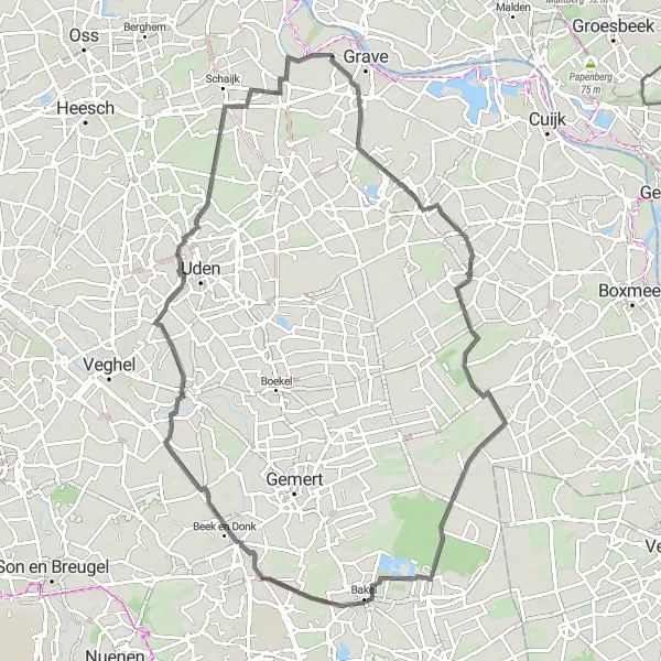 Miniatuurkaart van de fietsinspiratie "Scenic Road Tocht van Velp naar Reek" in Noord-Brabant, Netherlands. Gemaakt door de Tarmacs.app fietsrouteplanner