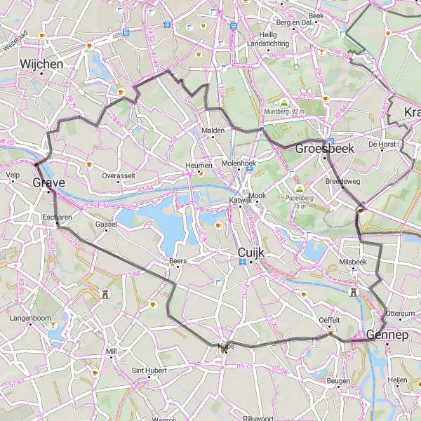 Map miniature of "Grave to Escharen Road Route" cycling inspiration in Noord-Brabant, Netherlands. Generated by Tarmacs.app cycling route planner