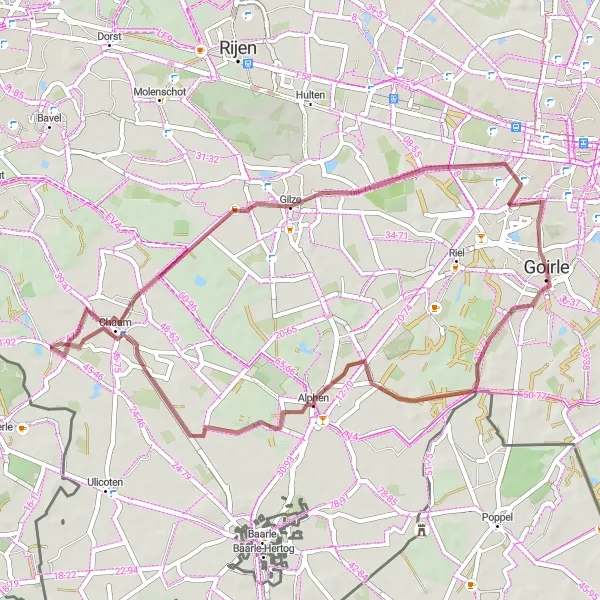 Map miniature of "Alphen Gravel Loop" cycling inspiration in Noord-Brabant, Netherlands. Generated by Tarmacs.app cycling route planner