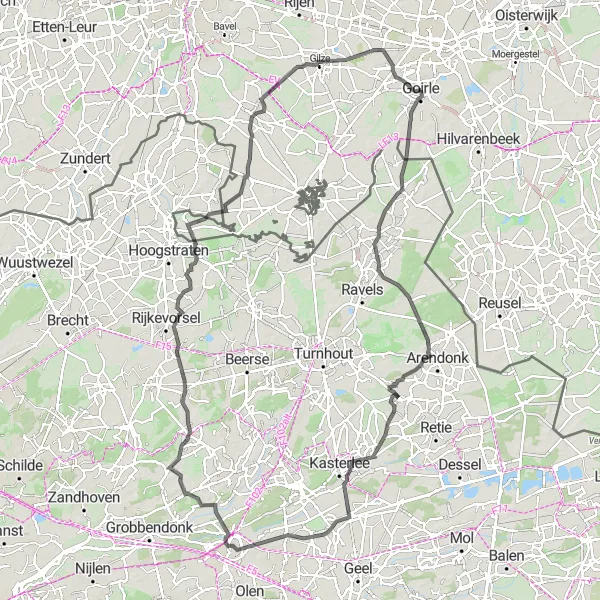 Miniatuurkaart van de fietsinspiratie "Historische Route naar Wortel" in Noord-Brabant, Netherlands. Gemaakt door de Tarmacs.app fietsrouteplanner