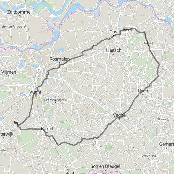 Miniatuurkaart van de fietsinspiratie "Wegroute Haaren - Geffen - Schaijk" in Noord-Brabant, Netherlands. Gemaakt door de Tarmacs.app fietsrouteplanner