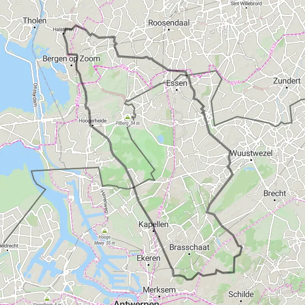 Map miniature of "The Brabant Panorama" cycling inspiration in Noord-Brabant, Netherlands. Generated by Tarmacs.app cycling route planner