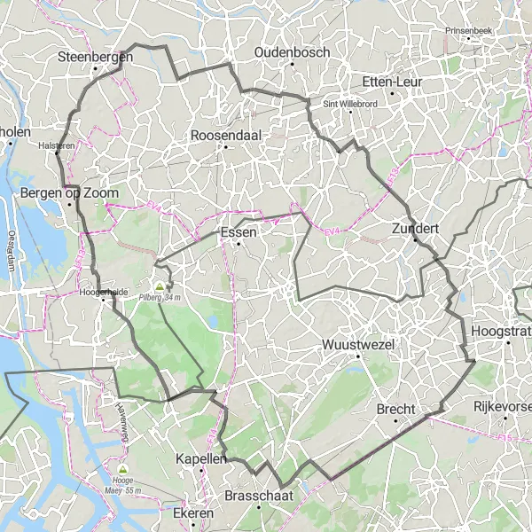 Map miniature of "The Kruisland Challenge" cycling inspiration in Noord-Brabant, Netherlands. Generated by Tarmacs.app cycling route planner