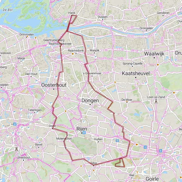 Miniatuurkaart van de fietsinspiratie "'s Gravenmoer en Oosterhout gravelroute" in Noord-Brabant, Netherlands. Gemaakt door de Tarmacs.app fietsrouteplanner