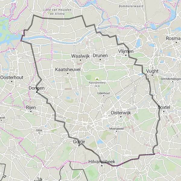 Map miniature of "Along the River Maas" cycling inspiration in Noord-Brabant, Netherlands. Generated by Tarmacs.app cycling route planner