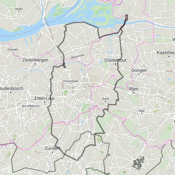 Map miniature of "Historic Towns and Natural Landscapes" cycling inspiration in Noord-Brabant, Netherlands. Generated by Tarmacs.app cycling route planner