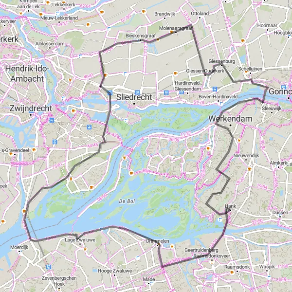 Map miniature of "The Beauty of Bleskensgraaf" cycling inspiration in Noord-Brabant, Netherlands. Generated by Tarmacs.app cycling route planner