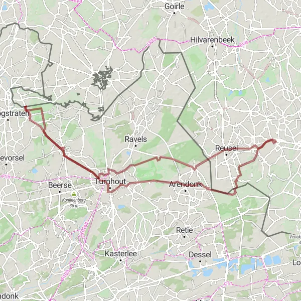 Map miniature of "The Scenic Gravel Journey to Oud-Turnhout" cycling inspiration in Noord-Brabant, Netherlands. Generated by Tarmacs.app cycling route planner