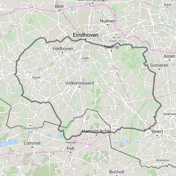 Miniatuurkaart van de fietsinspiratie "Uitgebreide fietstocht langs Vessem, Kasteel Geldrop en Grote Heide" in Noord-Brabant, Netherlands. Gemaakt door de Tarmacs.app fietsrouteplanner