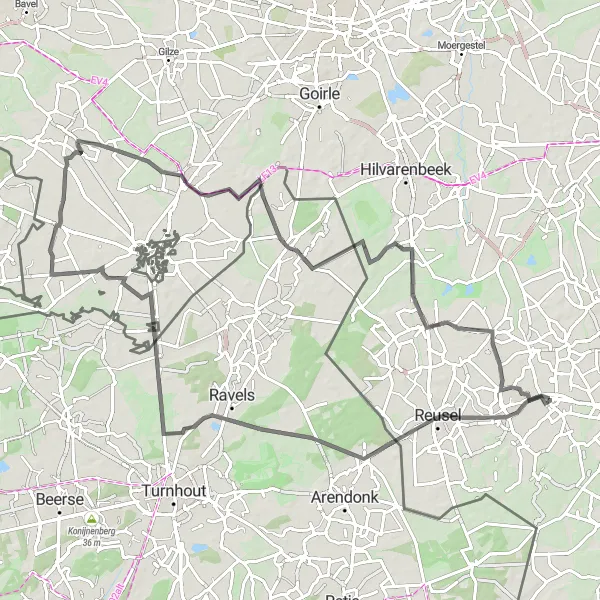 Miniatuurkaart van de fietsinspiratie "Fietsroute door Reusel, Weelde Statie, Ulicoten en Alphen" in Noord-Brabant, Netherlands. Gemaakt door de Tarmacs.app fietsrouteplanner