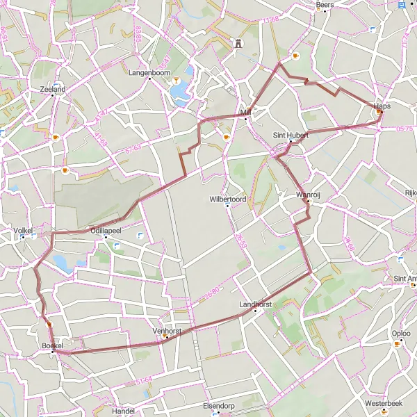 Map miniature of "Venhorst and Oosterens Gravel Ride" cycling inspiration in Noord-Brabant, Netherlands. Generated by Tarmacs.app cycling route planner