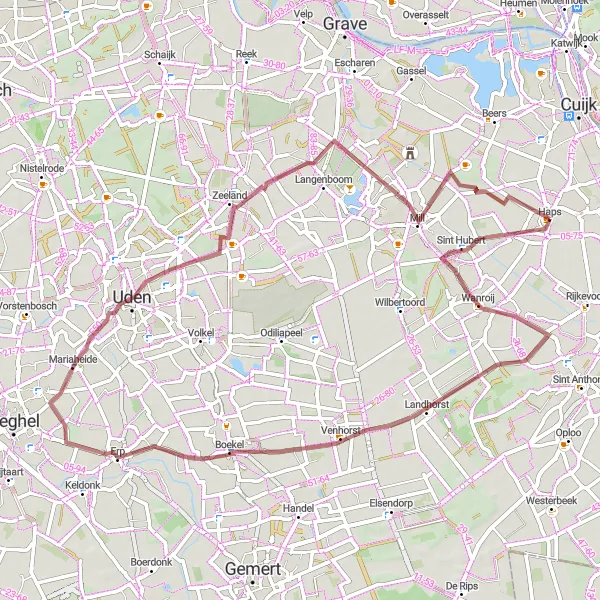 Map miniature of "Wanroij Gravel Adventure" cycling inspiration in Noord-Brabant, Netherlands. Generated by Tarmacs.app cycling route planner