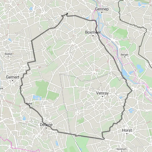 Miniatuurkaart van de fietsinspiratie "Fietsen door Groeningen, America, Bakel en Wanroij" in Noord-Brabant, Netherlands. Gemaakt door de Tarmacs.app fietsrouteplanner