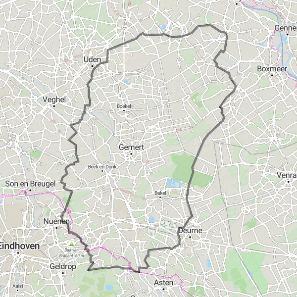 Miniatuurkaart van de fietsinspiratie "Verken Ledeacker, De Rips, Vlierden en meer" in Noord-Brabant, Netherlands. Gemaakt door de Tarmacs.app fietsrouteplanner