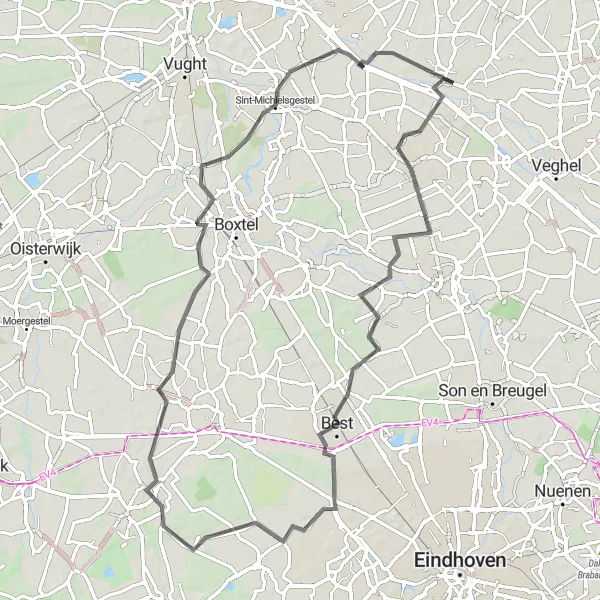 Map miniature of "Road Adventure" cycling inspiration in Noord-Brabant, Netherlands. Generated by Tarmacs.app cycling route planner