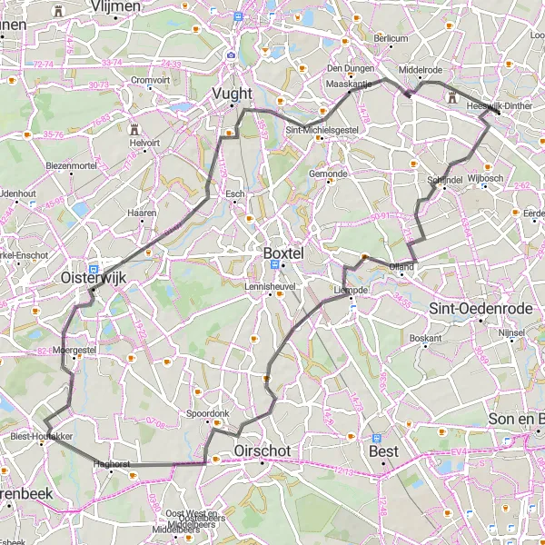 Map miniature of "The Meridian Loop" cycling inspiration in Noord-Brabant, Netherlands. Generated by Tarmacs.app cycling route planner