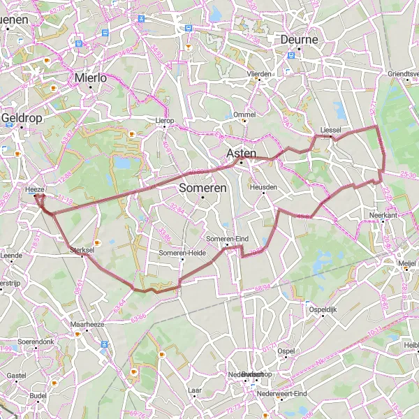 Map miniature of "Gravel Trail through Asten, Liessel, Someren-Eind, and Ginderover" cycling inspiration in Noord-Brabant, Netherlands. Generated by Tarmacs.app cycling route planner