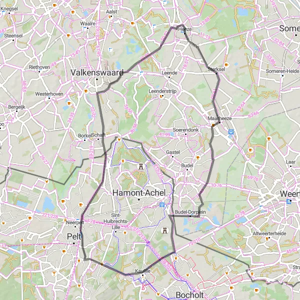 Map miniature of "Heeze - Ginderover - Maarheeze - Budel-Dorplein - Herent - Kreijl" cycling inspiration in Noord-Brabant, Netherlands. Generated by Tarmacs.app cycling route planner