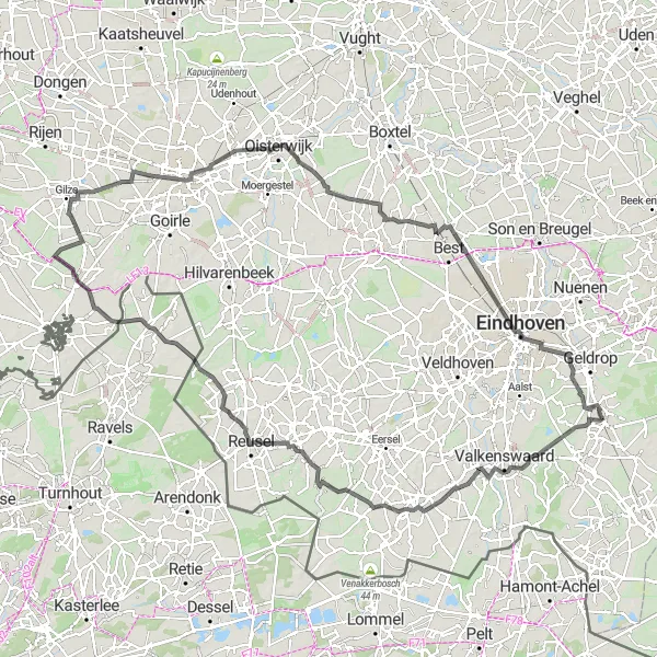 Map miniature of "Westerhoven and Kempentoren Loop" cycling inspiration in Noord-Brabant, Netherlands. Generated by Tarmacs.app cycling route planner