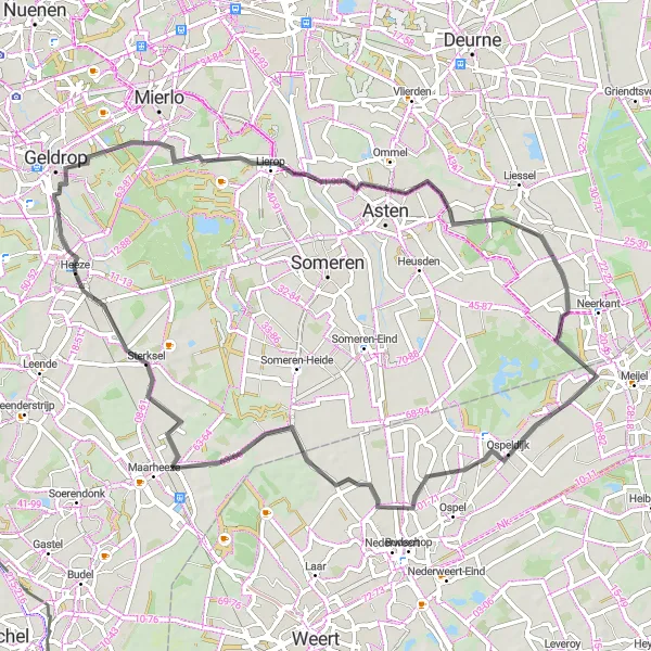 Map miniature of "Schietberg and Ginderover Circuit" cycling inspiration in Noord-Brabant, Netherlands. Generated by Tarmacs.app cycling route planner