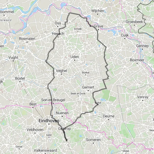 Map miniature of "Heeze - Urkhoven - Nijnsel - Berkt - Haren - Neerloon - Landhorst - Rijpelberg - Schietberg - Kreijl" cycling inspiration in Noord-Brabant, Netherlands. Generated by Tarmacs.app cycling route planner