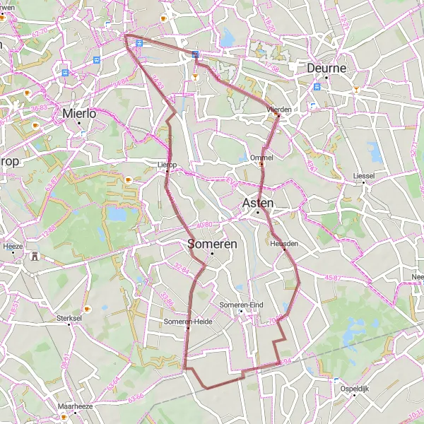 Miniatuurkaart van de fietsinspiratie "Gravelavontuur bij Vlierden" in Noord-Brabant, Netherlands. Gemaakt door de Tarmacs.app fietsrouteplanner