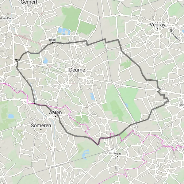 Miniatuurkaart van de fietsinspiratie "Rondje Helmond en omgeving" in Noord-Brabant, Netherlands. Gemaakt door de Tarmacs.app fietsrouteplanner