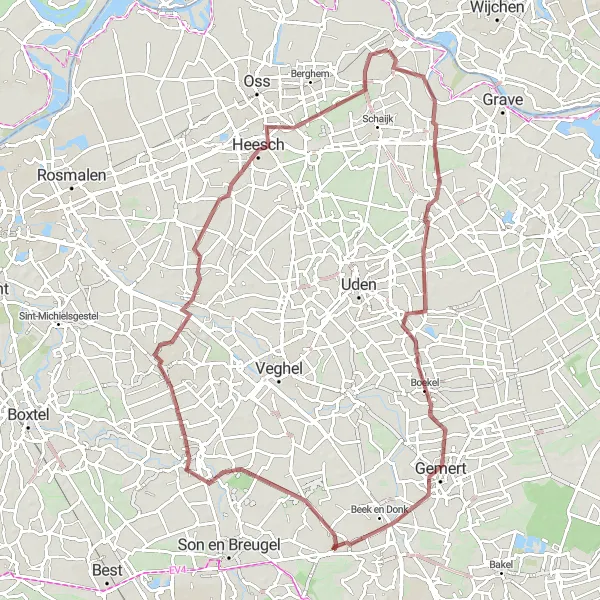 Map miniature of "Gravel Adventure" cycling inspiration in Noord-Brabant, Netherlands. Generated by Tarmacs.app cycling route planner