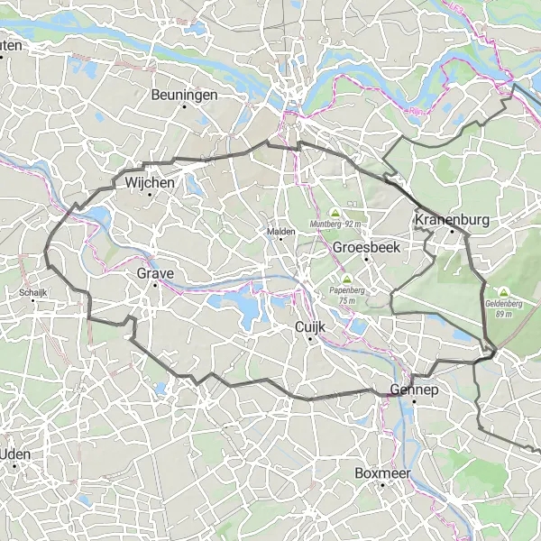 Map miniature of "The Hills and Historic Towns" cycling inspiration in Noord-Brabant, Netherlands. Generated by Tarmacs.app cycling route planner