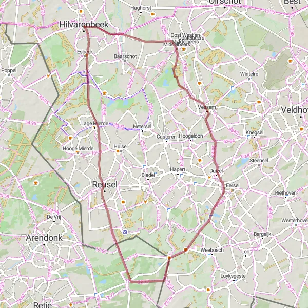 Miniatuurkaart van de fietsinspiratie "Hilvarenbeek naar Hilvarenbeek over gravelwegen via Reusel" in Noord-Brabant, Netherlands. Gemaakt door de Tarmacs.app fietsrouteplanner