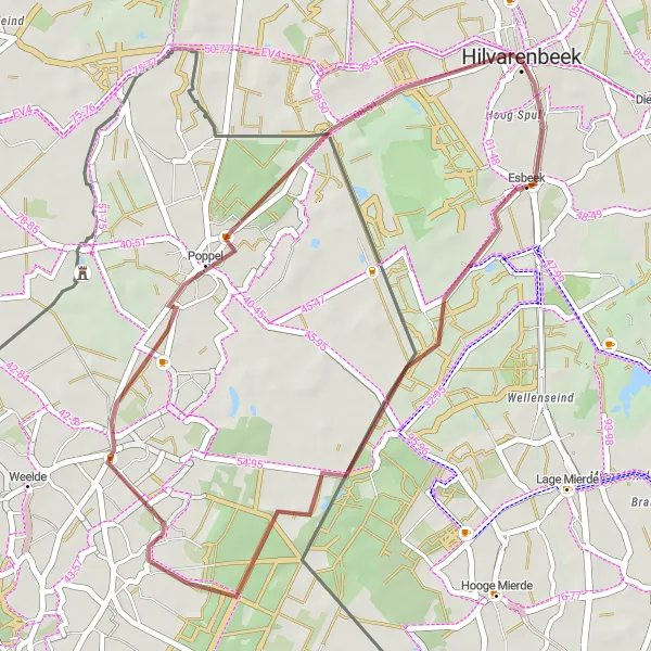 Miniatuurkaart van de fietsinspiratie "Hilvarenbeek naar Hilvarenbeek op gravelroutes via Poppel" in Noord-Brabant, Netherlands. Gemaakt door de Tarmacs.app fietsrouteplanner