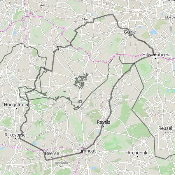 Miniatuurkaart van de fietsinspiratie "Hilvarenbeek naar Hilvarenbeek via Roovert en Wortel" in Noord-Brabant, Netherlands. Gemaakt door de Tarmacs.app fietsrouteplanner