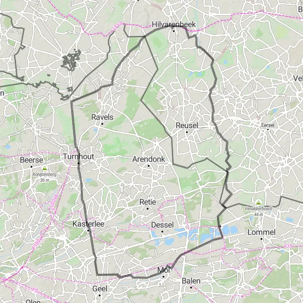 Miniatuurkaart van de fietsinspiratie "Hilvarenbeek naar Hilvarenbeek via Netersel en Kasterlee" in Noord-Brabant, Netherlands. Gemaakt door de Tarmacs.app fietsrouteplanner