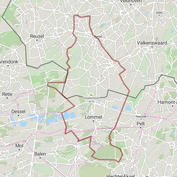 Map miniature of "Gravel Adventure through Bergeijk and Postel" cycling inspiration in Noord-Brabant, Netherlands. Generated by Tarmacs.app cycling route planner