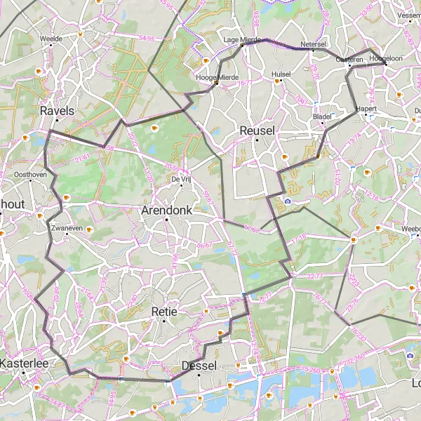 Miniatuurkaart van de fietsinspiratie "Ontdek de grensstreek van Hoogeloon naar Lage Mierde" in Noord-Brabant, Netherlands. Gemaakt door de Tarmacs.app fietsrouteplanner