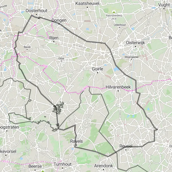 Map miniature of "Bladel, Ravels, Baarle-Nassau, Ulvenhout, and Dongen Bicycle Tour" cycling inspiration in Noord-Brabant, Netherlands. Generated by Tarmacs.app cycling route planner