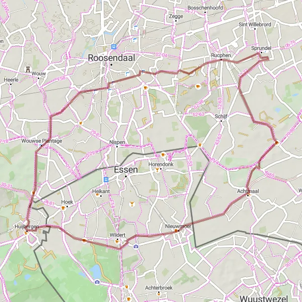 Map miniature of "Off-Road Adventure near Huijbergen" cycling inspiration in Noord-Brabant, Netherlands. Generated by Tarmacs.app cycling route planner