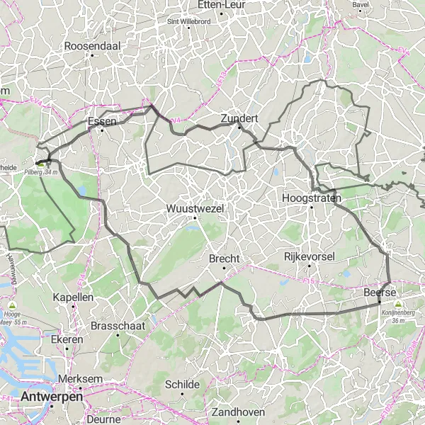 Miniatuurkaart van de fietsinspiratie "Wegroute Pilberg - Kalmthout" in Noord-Brabant, Netherlands. Gemaakt door de Tarmacs.app fietsrouteplanner